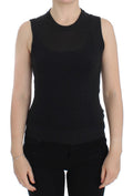 Pull sans manches Dolce & Gabbana noir avec col rond, porté sur un mannequin. Veste pull élégante et moderne.