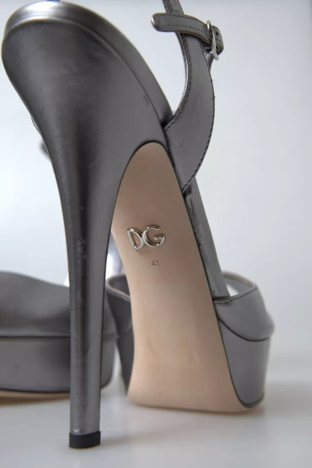 Sandales à talons plateformes en cuir argenté de Dolce & Gabbana, chaussures élégantes pour femmes.
