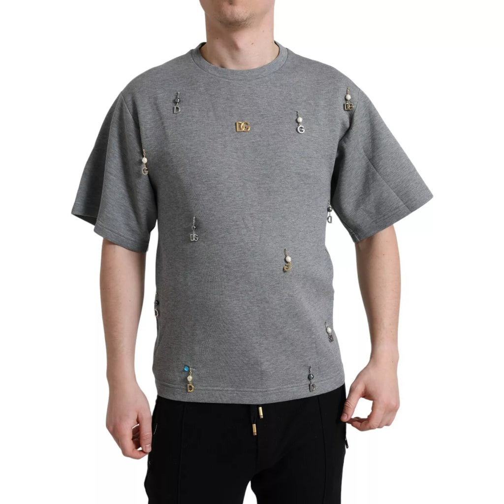 T-shirt gris en coton Dolce & Gabbana avec détails ornés, col rond, vue de face sur le produit.