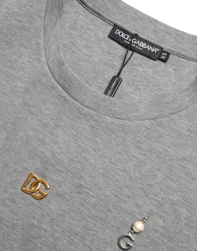 T-shirt gris en coton Dolce & Gabbana avec embellissements, col rond et design élégant.