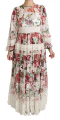 Robe longue Dolce & Gabbana à fleurs multicolores, style robe cache-cœur, en tissu fluide et élégant.