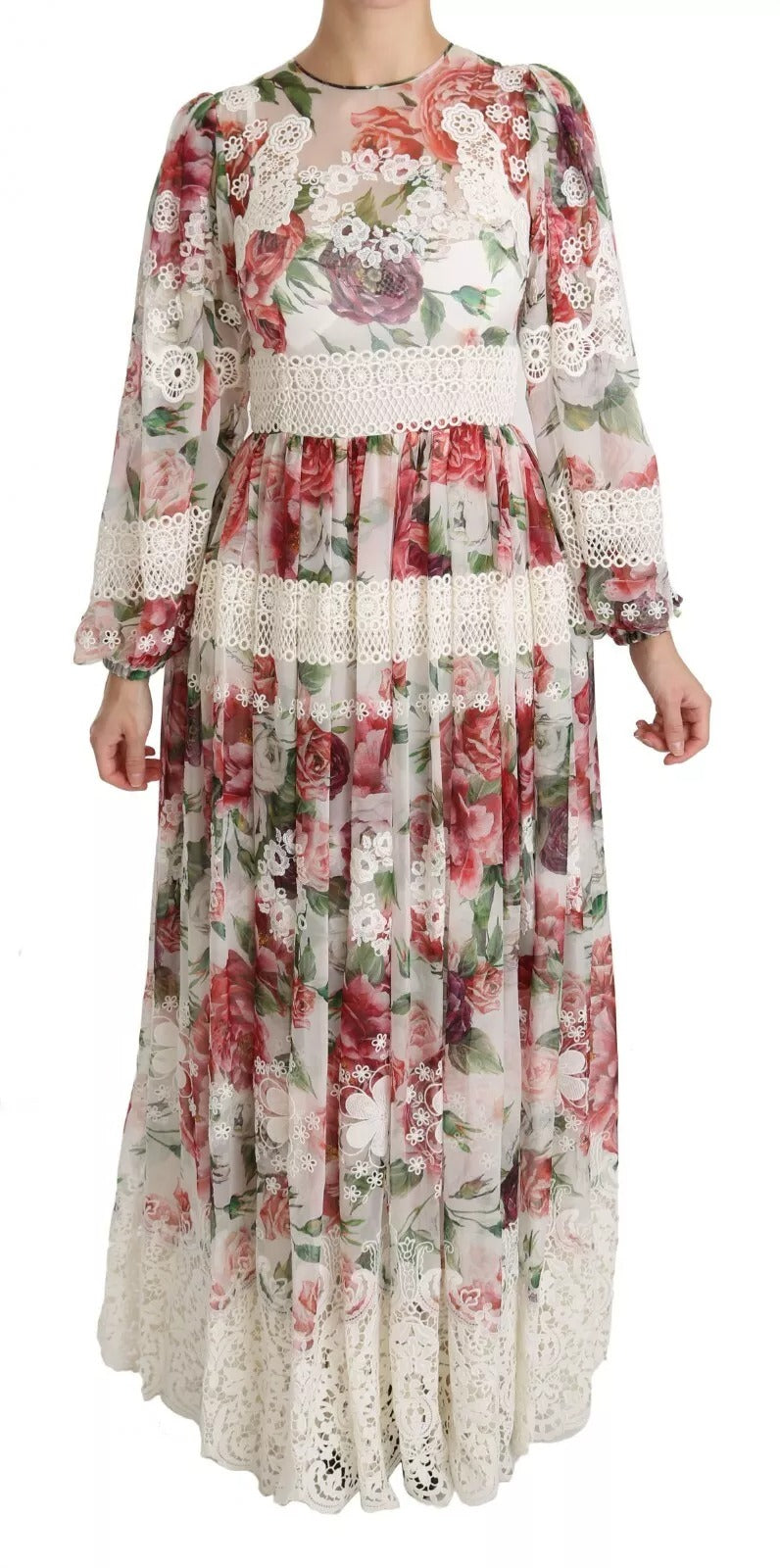 Robe longue Dolce & Gabbana à fleurs multicolores, style robe cache-cœur, en tissu fluide et élégant.