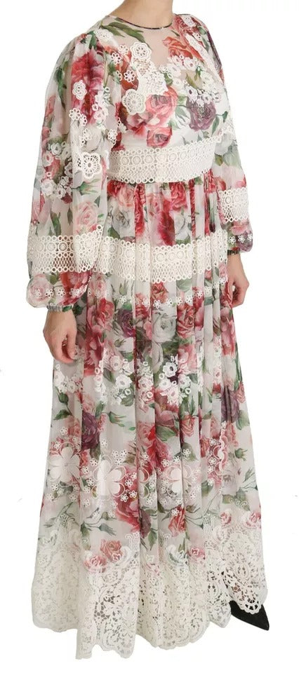 Robe longue à fleurs multicolores Dolce & Gabbana, robe de soirée élégante avec coupe ajustée et motif floral vibrant.