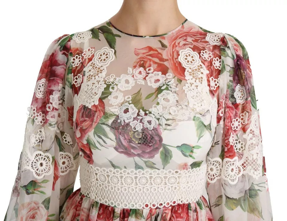 Robe longue à fleurs multicolores Dolce & Gabbana, robe droite élégante avec motif floral vibrant, vue de face.