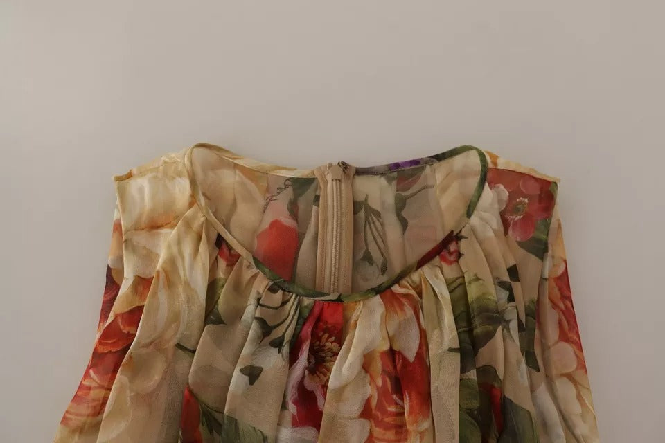 Robe courte sans manches Dolce & Gabbana beige à fleurs, col rond, style élégant et féminin, vue de face.