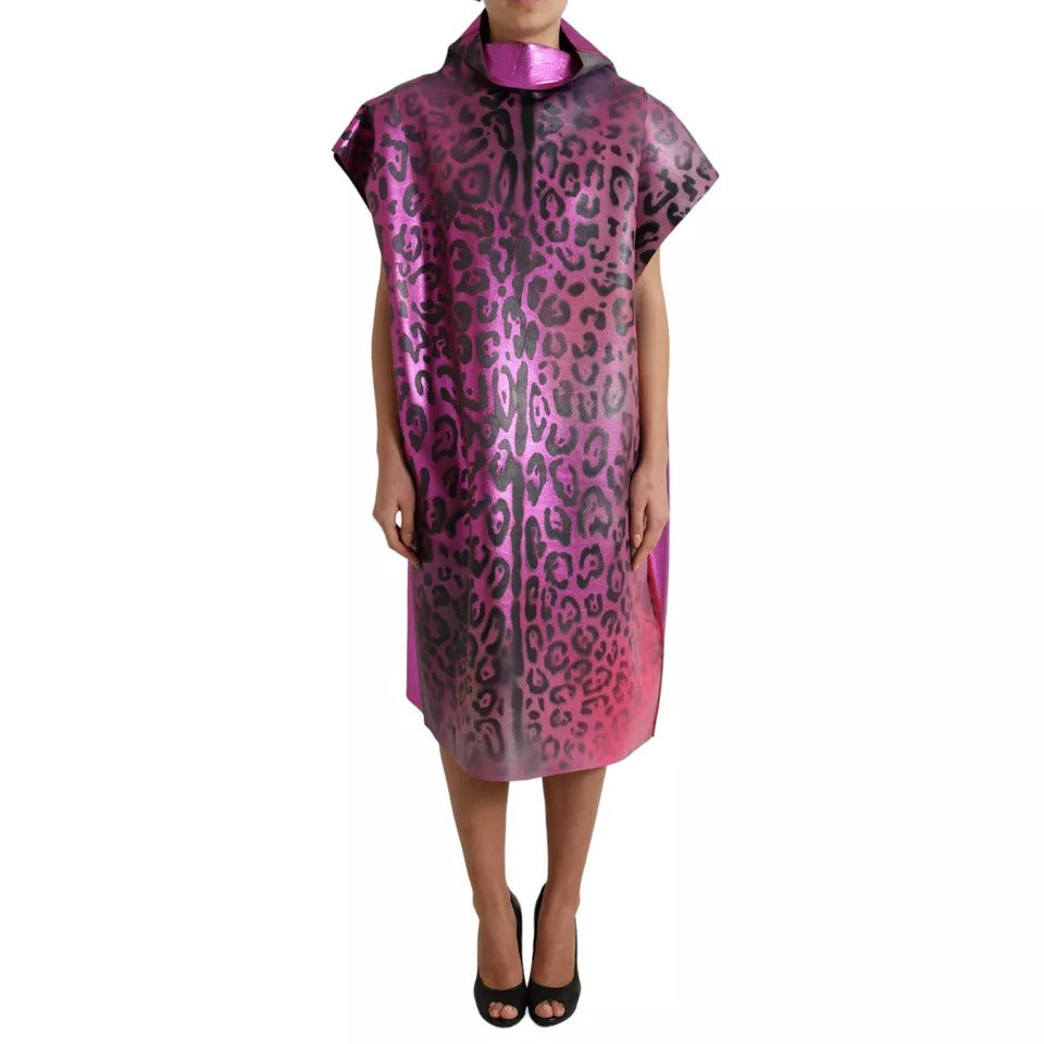 Robe midi en polyester à imprimé léopard rose de Dolce & Gabbana, coupe droite élégante.