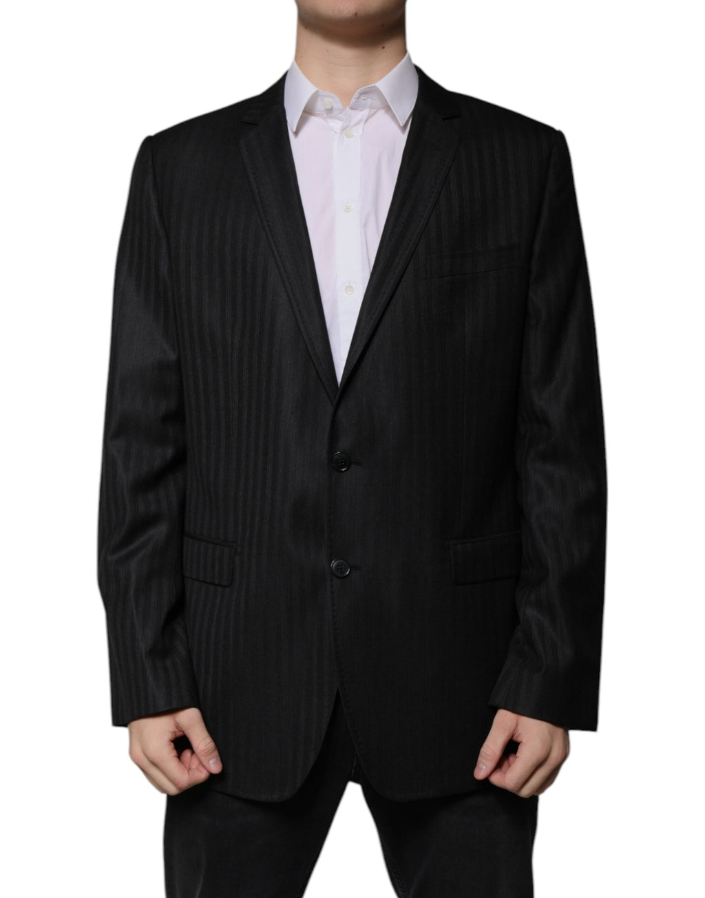 Blazer noir à rayures en laine Dolce & Gabbana, coupe à un bouton, veste élégante pour hommes ou femmes.