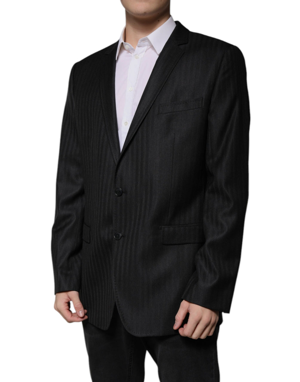 Veste blazer noire en laine à rayures Dolce & Gabbana, coupe simple boutonnage devant, élégance masculine.