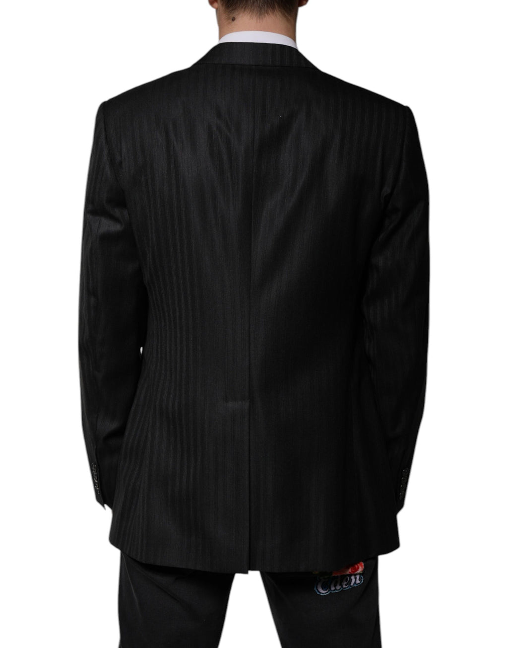 Blazer noir à rayures en laine Dolce & Gabbana, coupe croisée simple, veste élégante pour homme ou femme.