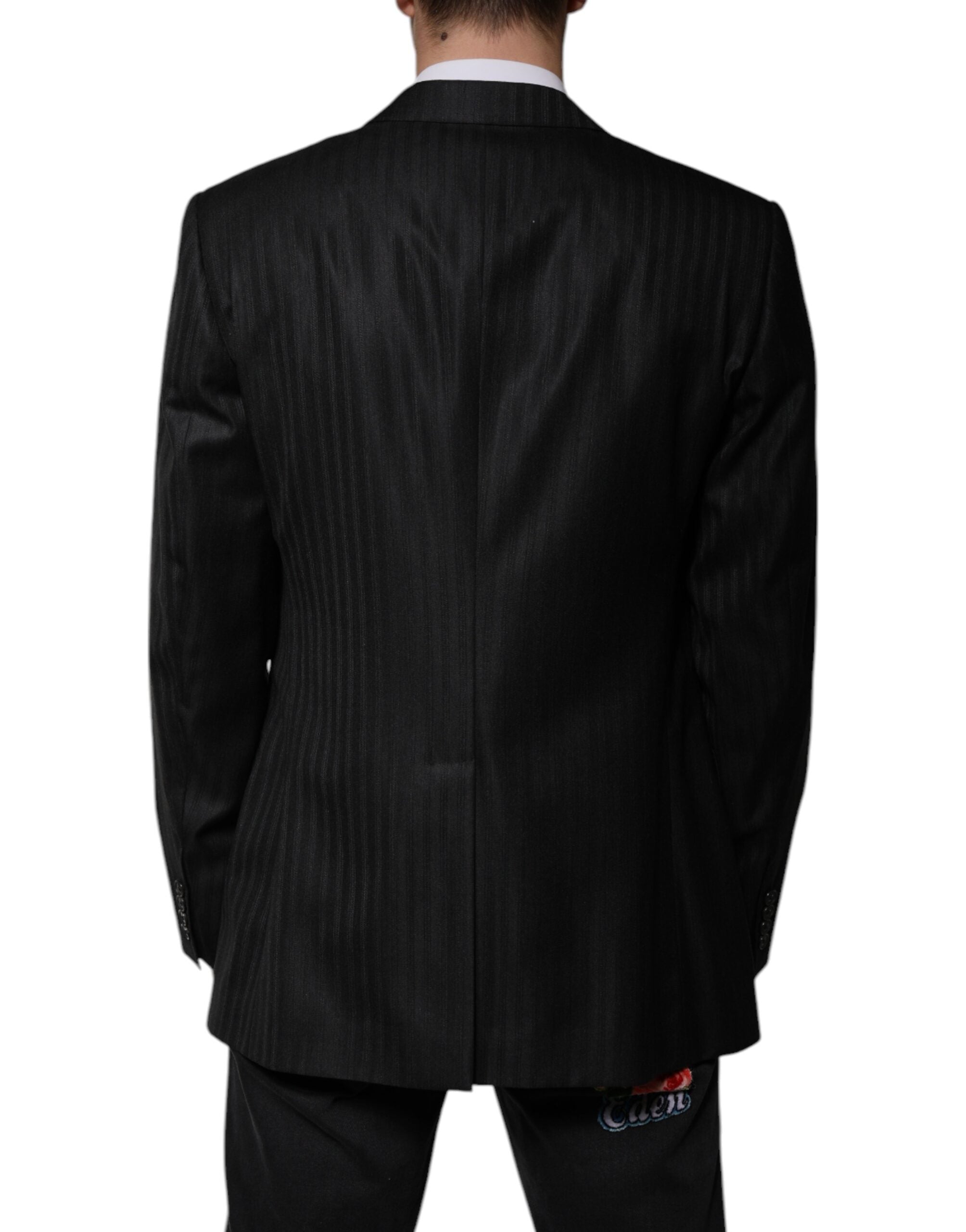 Blazer noir à rayures en laine Dolce & Gabbana, coupe croisée simple, veste élégante pour homme ou femme.