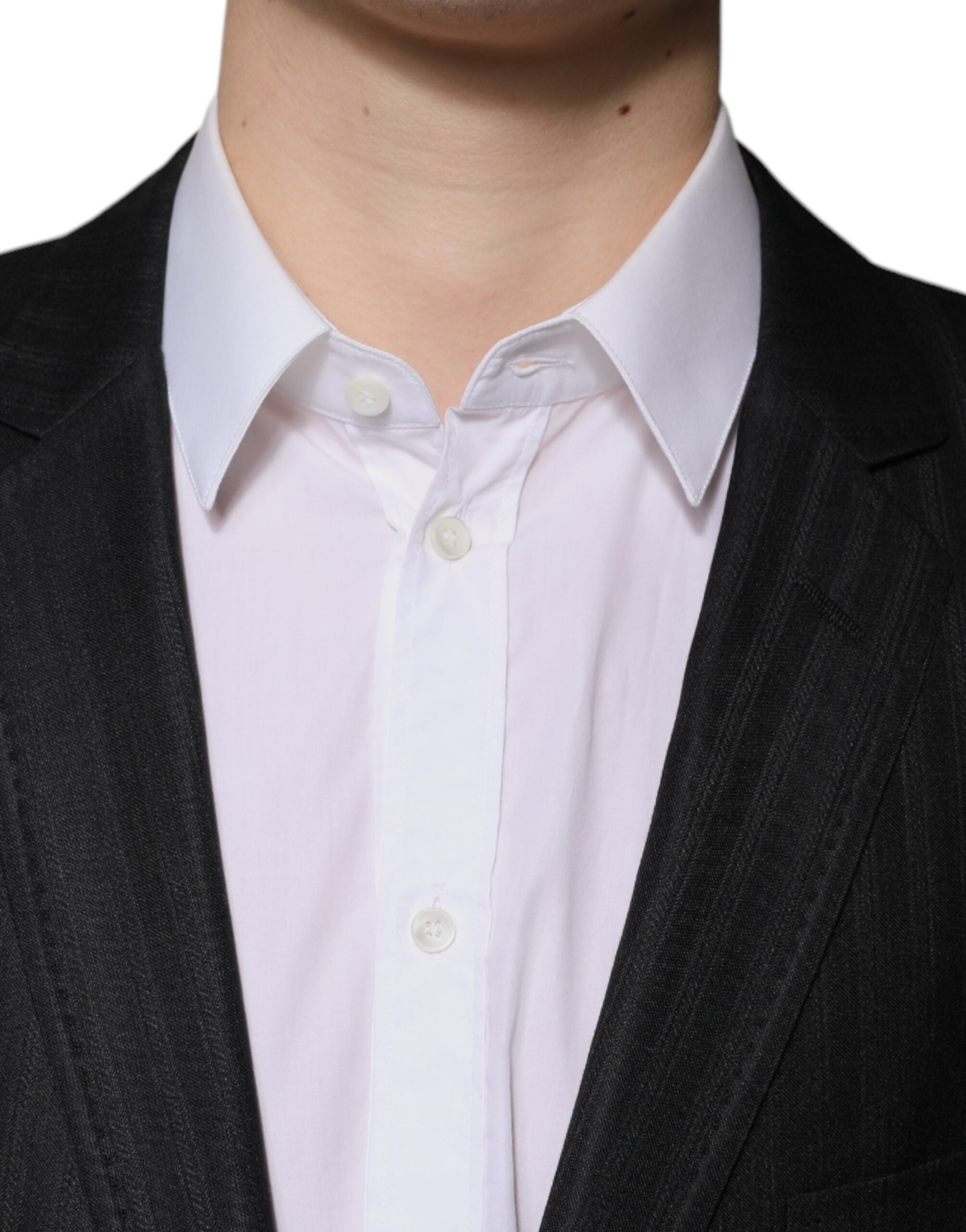 Blazer en laine noire à rayures Dolce & Gabbana, à simple boutonnière, élégance masculine et couture italienne.