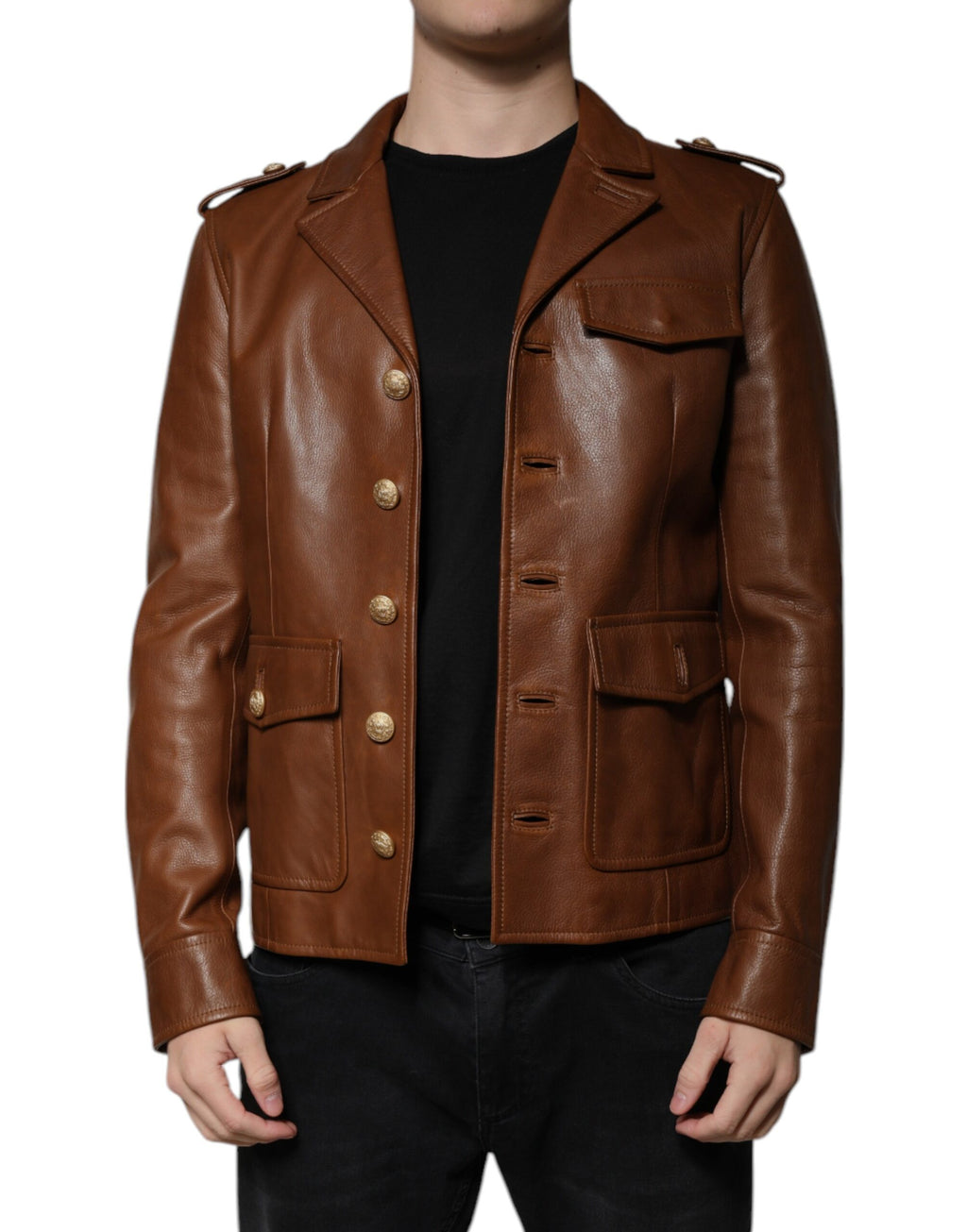 Veste en cuir de veau marron Dolce & Gabbana avec boutons, style élégant et sophistiqué, visible sur l'image.
