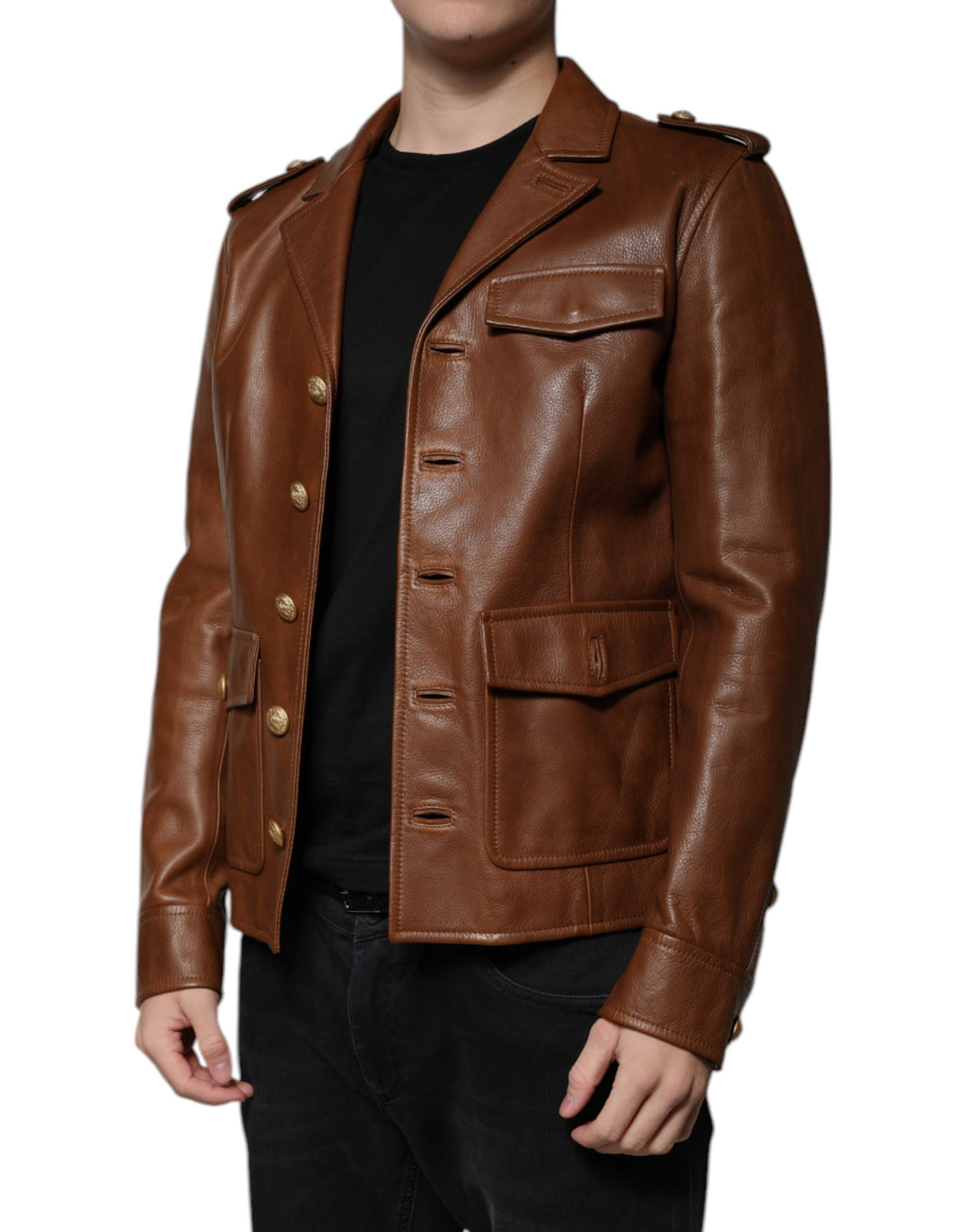 Veste en cuir de veau marron Dolce & Gabbana avec boutons, style élégante et sophistiquée, vue de face.