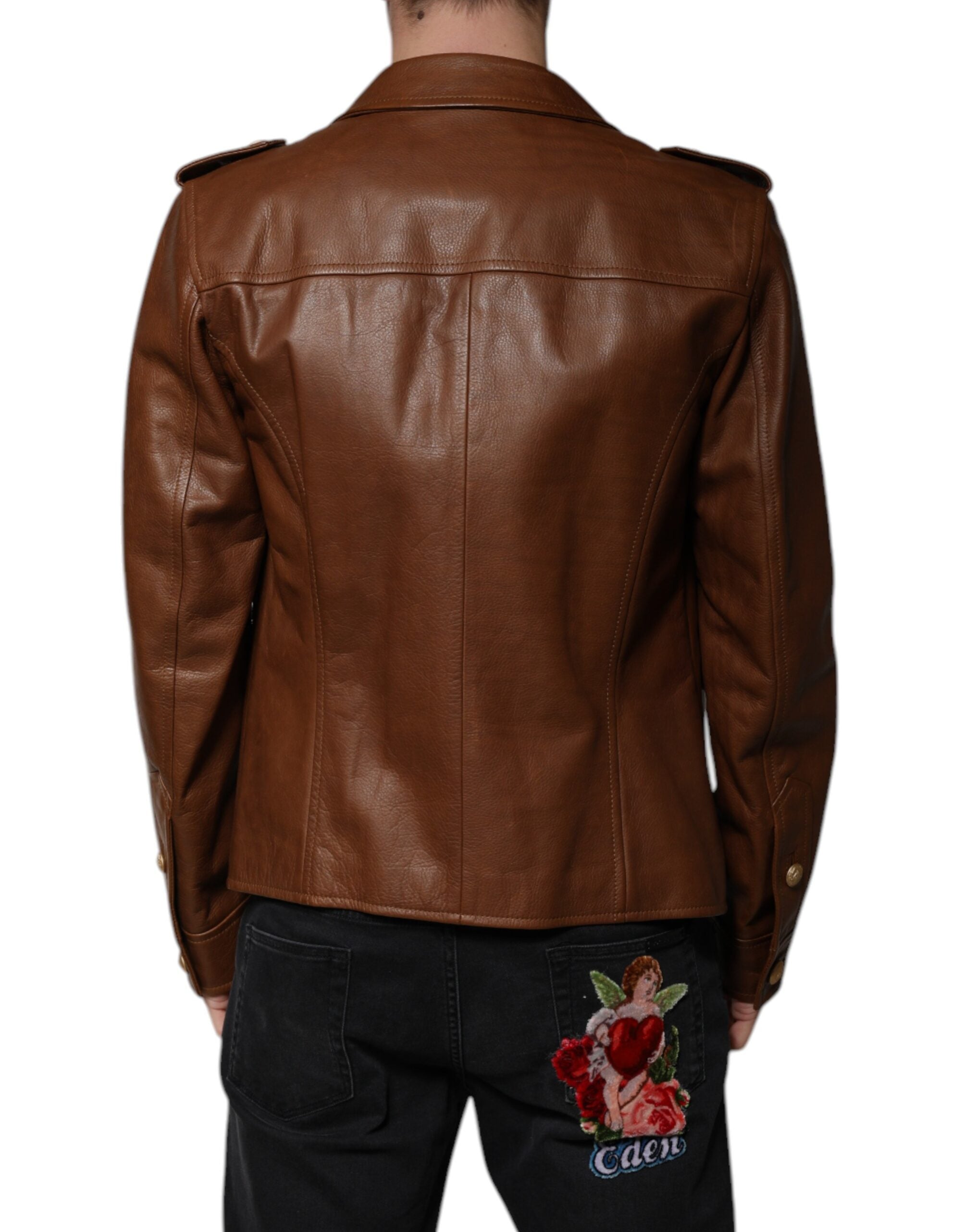 Veste en cuir de veau marron Dolce & Gabbana, à boutons, avec col classique et design élégant.