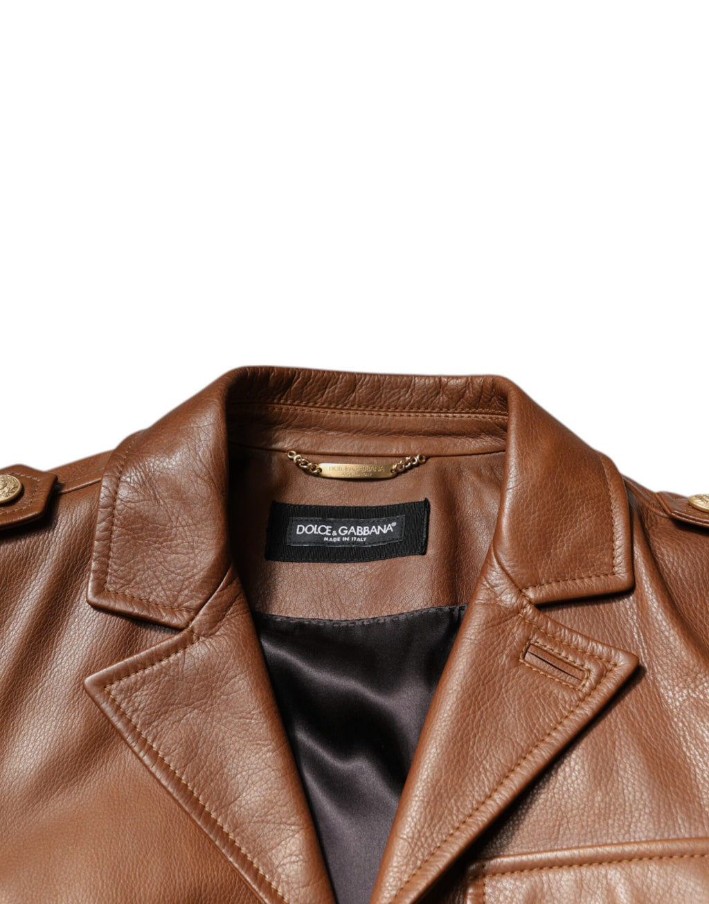 Veste en cuir de veau marron Dolce & Gabbana à boutons, style élégant et sophistiqué, vue de face.