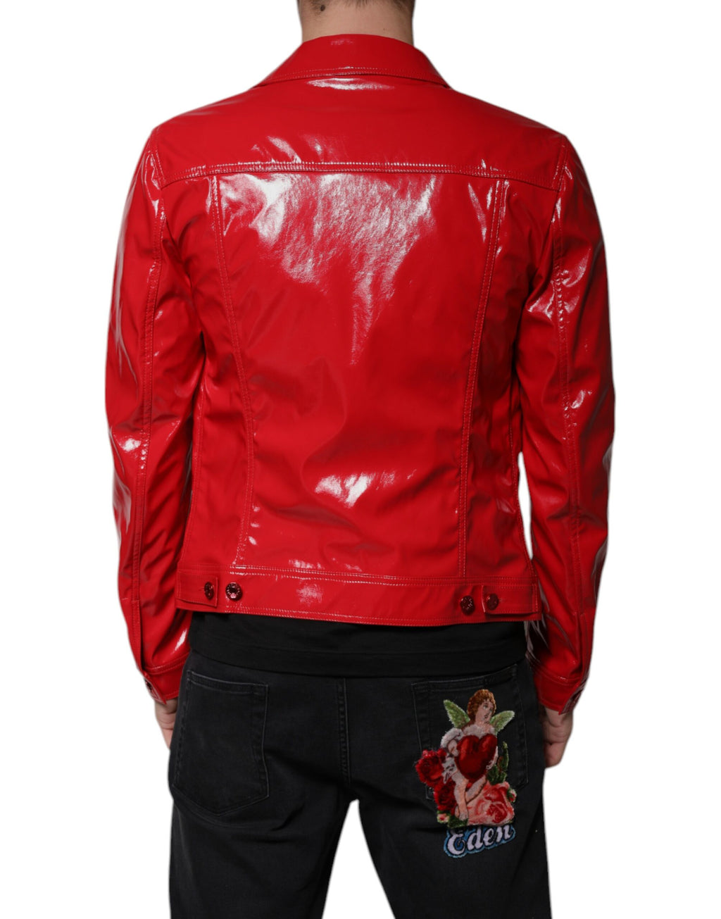 Veste en polyester rouge Dolce & Gabbana avec col boutonné et boutonnières, style élégant et moderne.