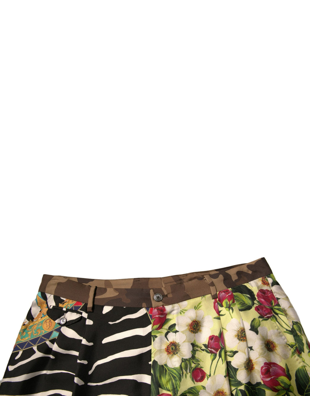 Shorts homme Dolce & Gabbana en soie multicolore à patchwork, style chino, détails colorés et tissu élégant.