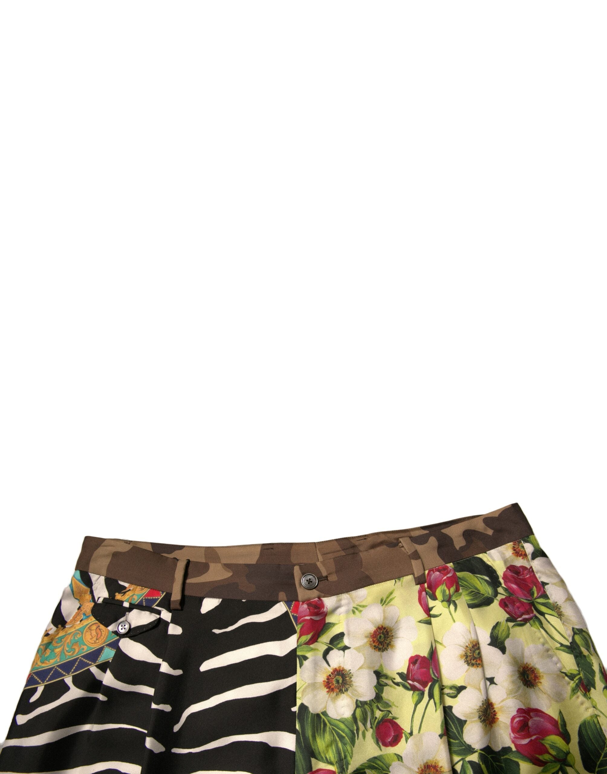 Shorts homme Dolce & Gabbana en soie multicolore à patchwork, style chino, détails colorés et tissu élégant.