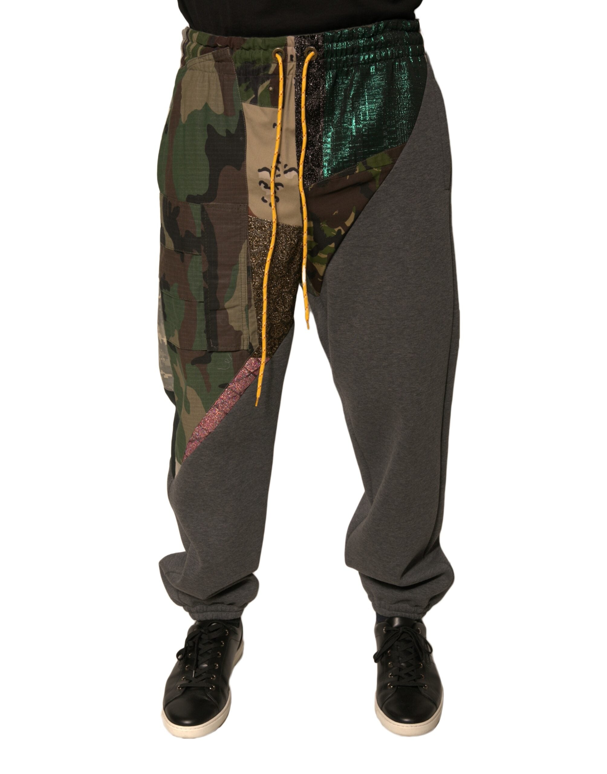 Pantalons jogger en coton Dolce & Gabbana à patchwork multicolore, avec ceinture élastique et poches latérales.