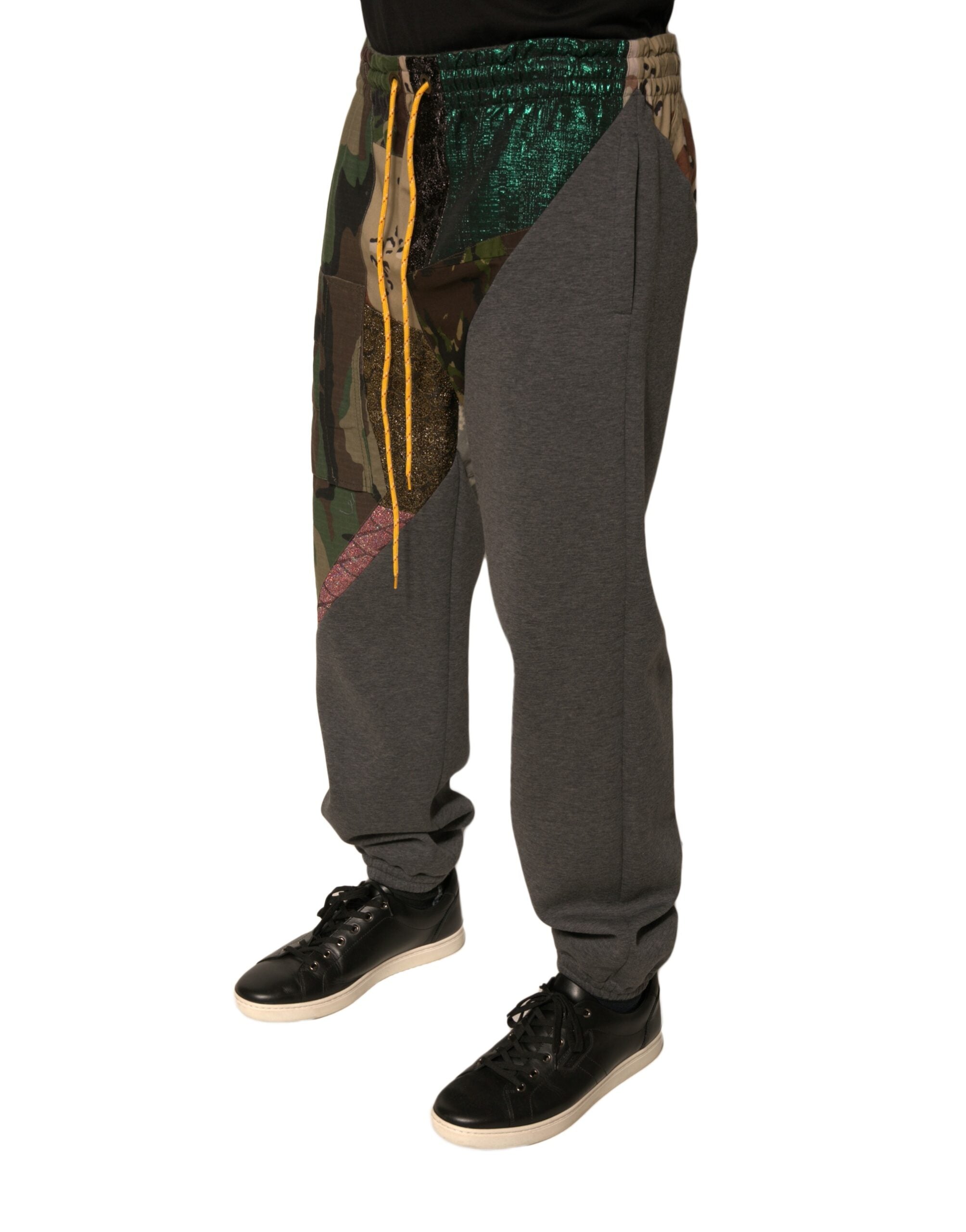 Pantalon de jogging Dolce & Gabbana en coton patchwork multicolore, style décontracté avec poches et ceinture élastique.