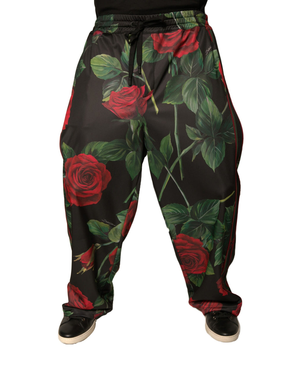 Pantalon jogging noir en polyester Dolce & Gabbana avec motif floral, pantalon décontracté pour femme.