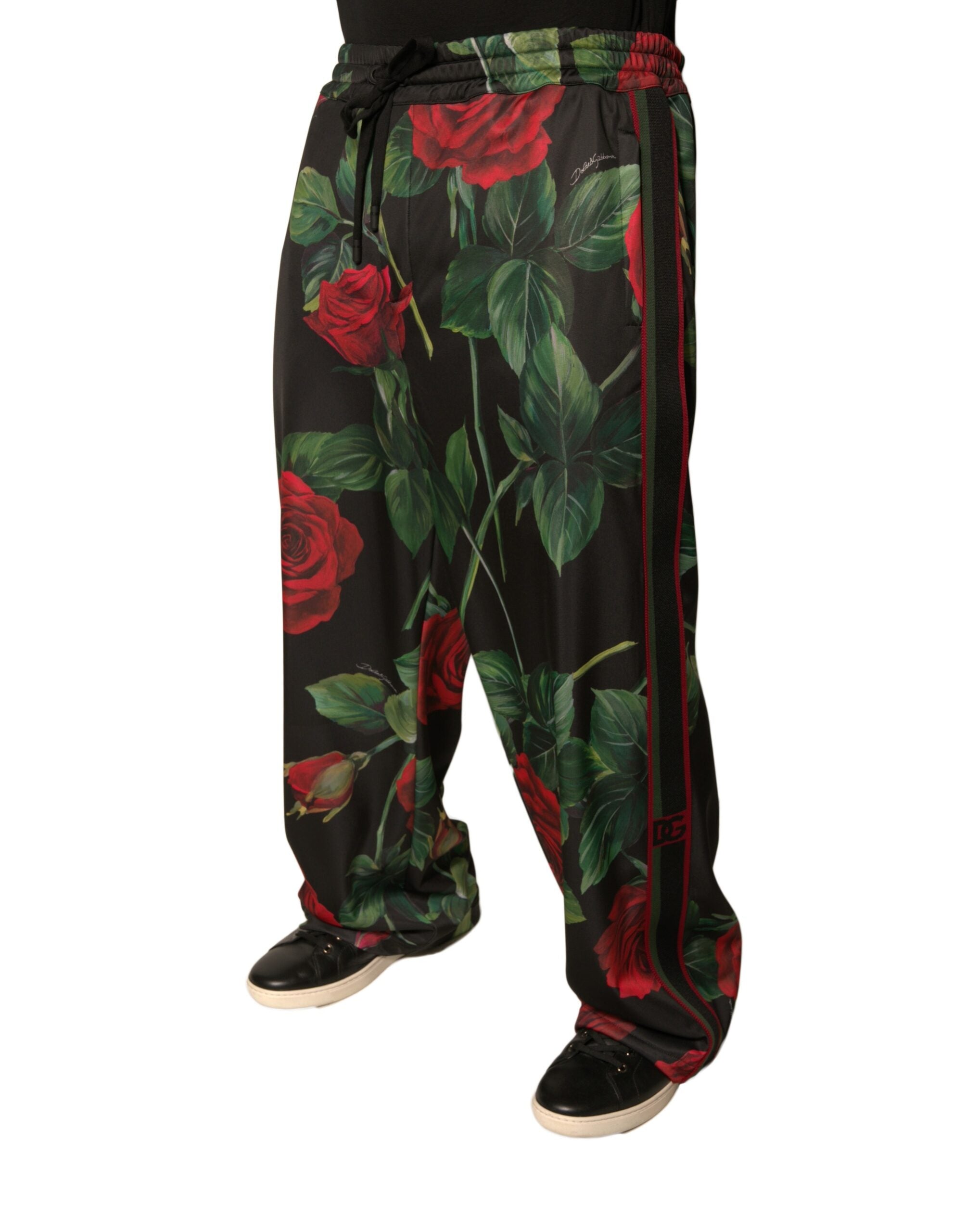 Pantalon de jogging noir en polyester à fleurs de Dolce & Gabbana, style décontracté avec motif floral.
