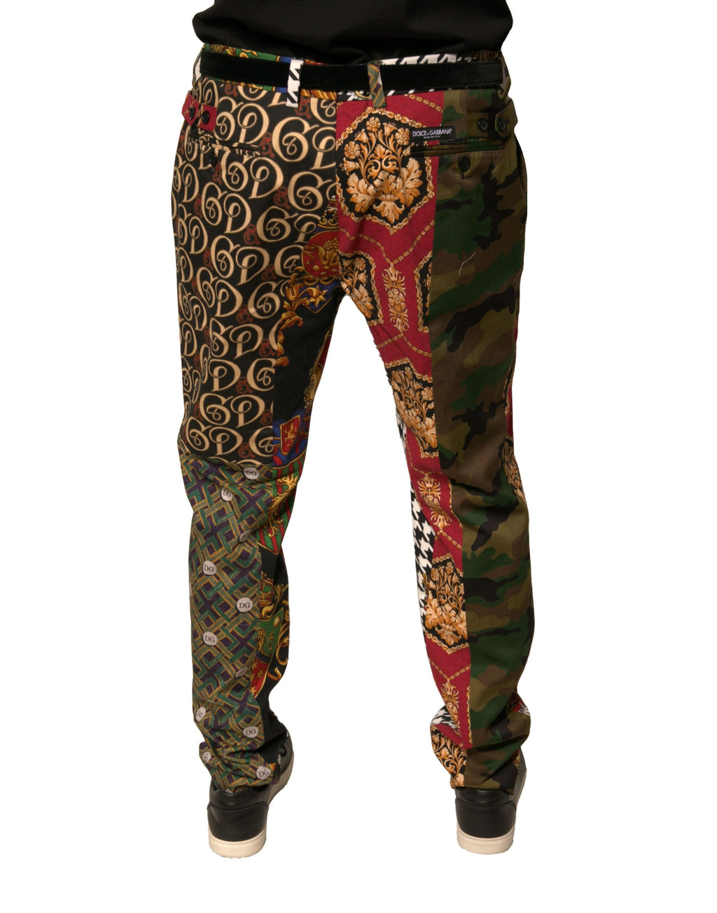 Pantalon homme Dolce & Gabbana à patchworks multicolores, pantalon élégant en tissu à motifs colorés.