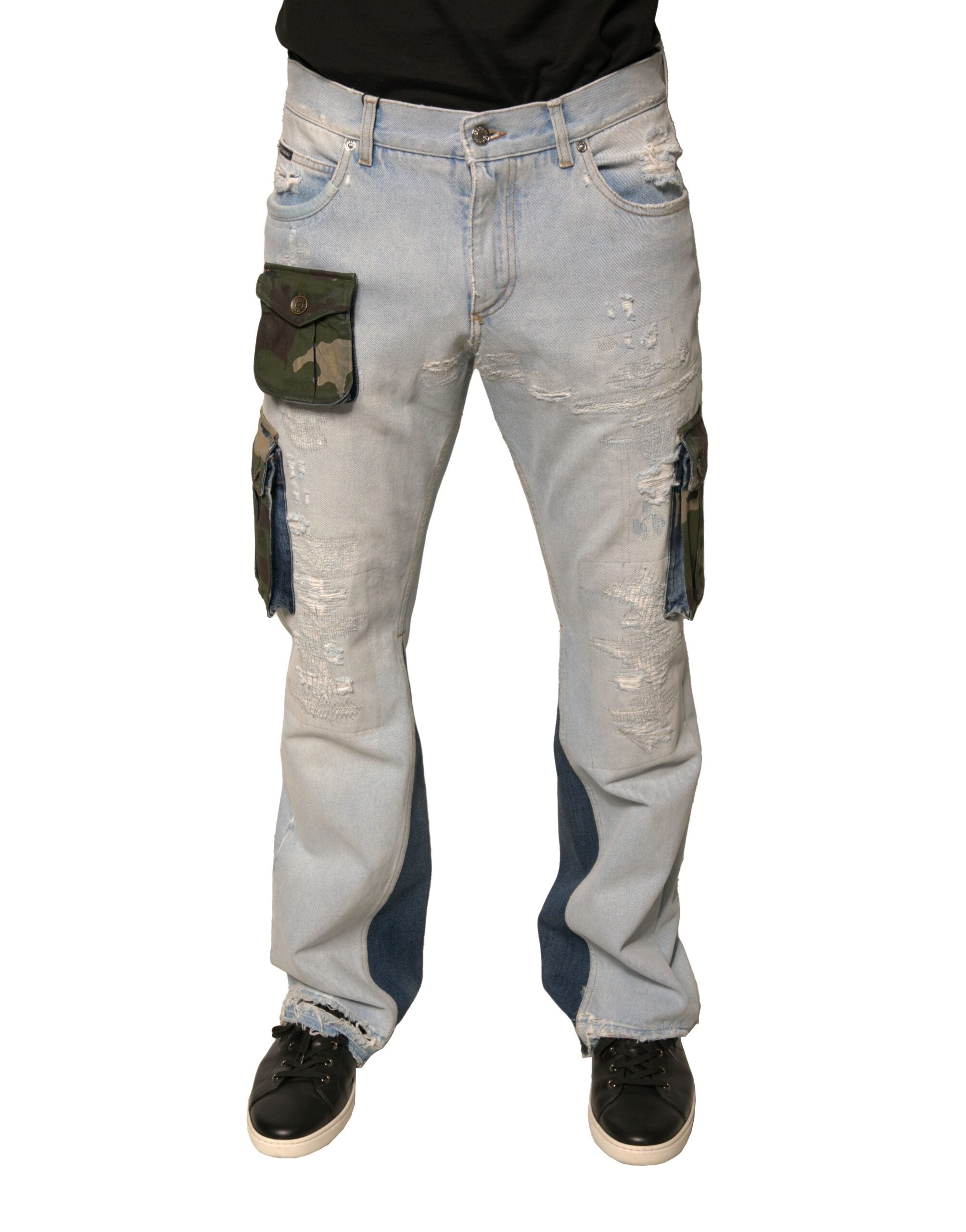 Jeans en denim droit coton Dolce & Gabbana Light Blue, style cargo avec poches sur le devant et coupe classique.