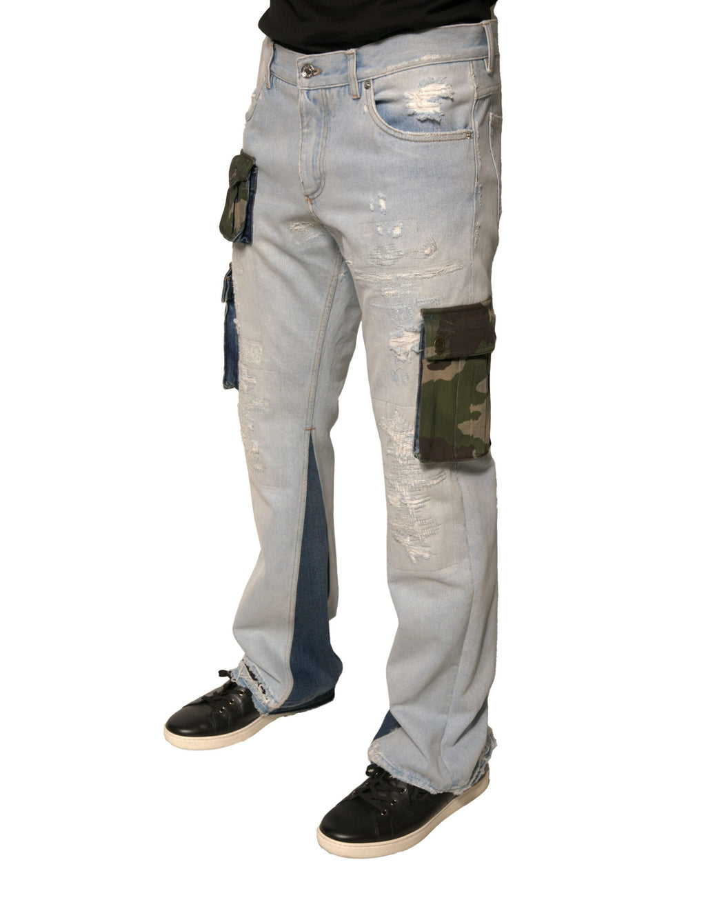 Jeans cargo en denim blanc Dolce & Gabbana Light Blue, coupe droite, en coton, détails modernes et élégants.