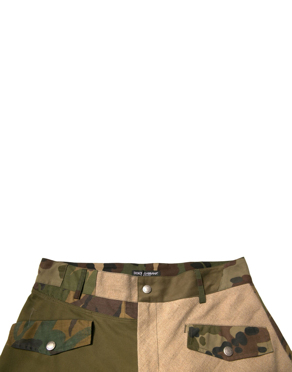 Pantalon cargo multicolore Dolce & Gabbana avec patchwork, style flight, en tissu léger, vue de face.