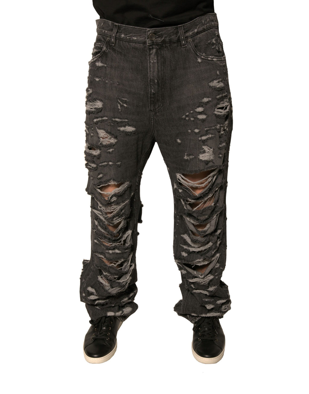 Jeans homme en coton gris déchiré de style droit de Dolce & Gabbana, détails usés et coupe classique.