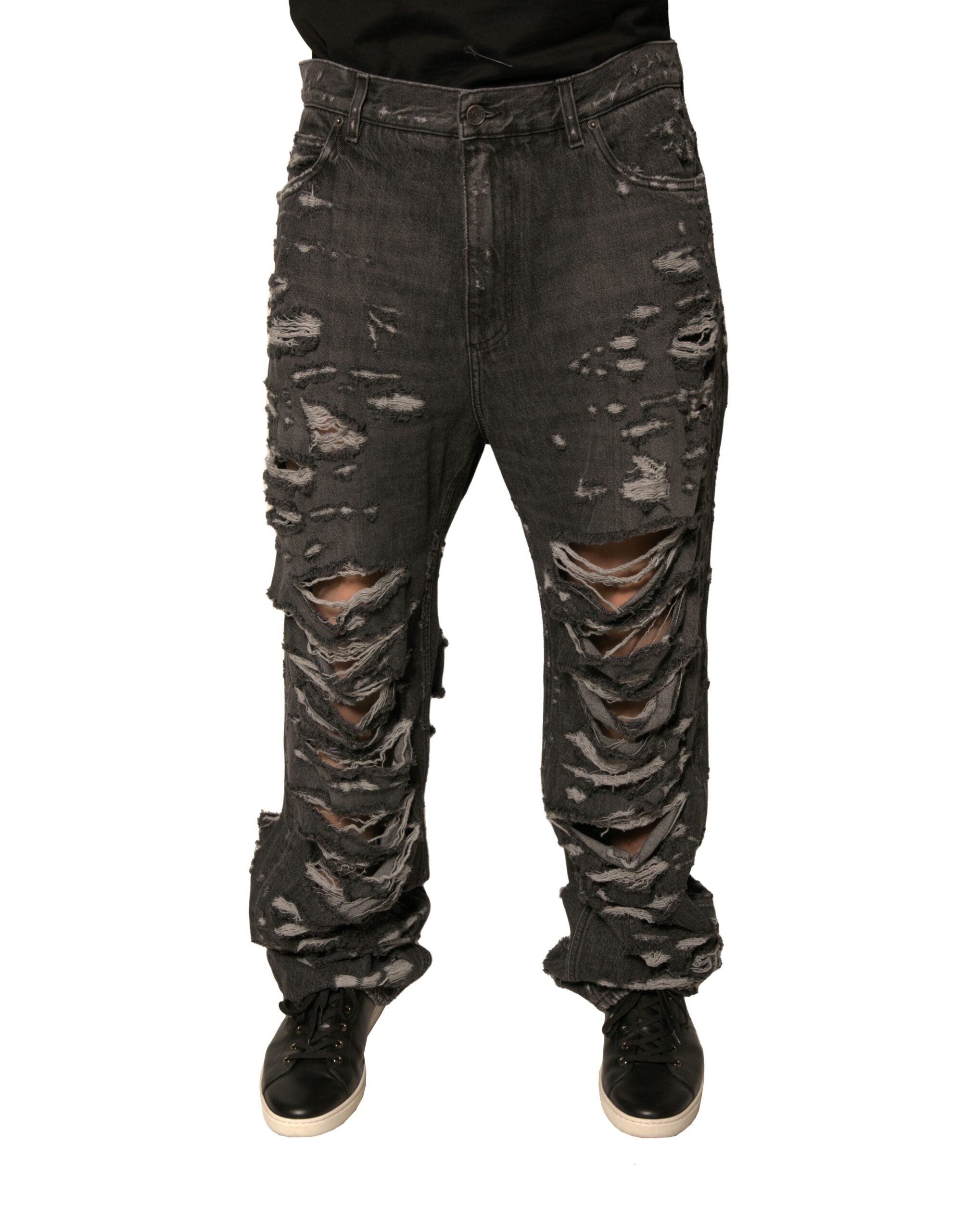 Jeans homme en coton gris déchiré de style droit de Dolce & Gabbana, détails usés et coupe classique.