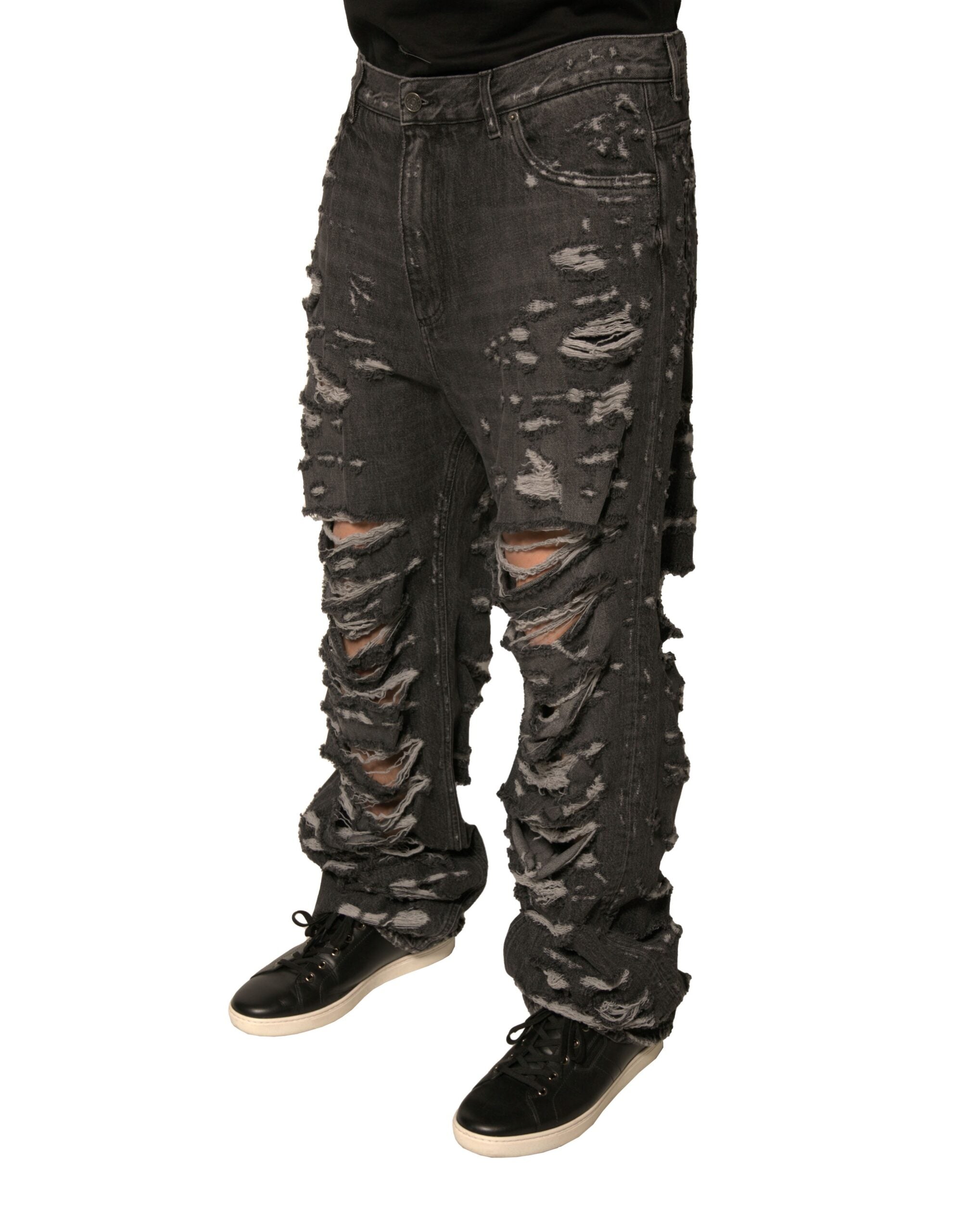 Jeans homme Dolce & Gabbana en coton gris déchiré, coupe droite, style décontracté et tendance.