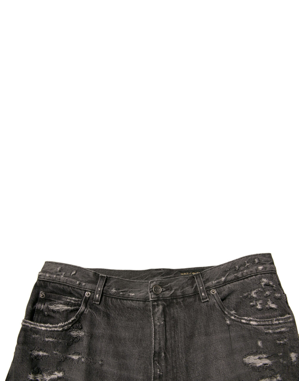 Pantalon en denim gris déchiré de coupe droite pour homme, Dolce & Gabbana, avec détails usés et style décontracté.