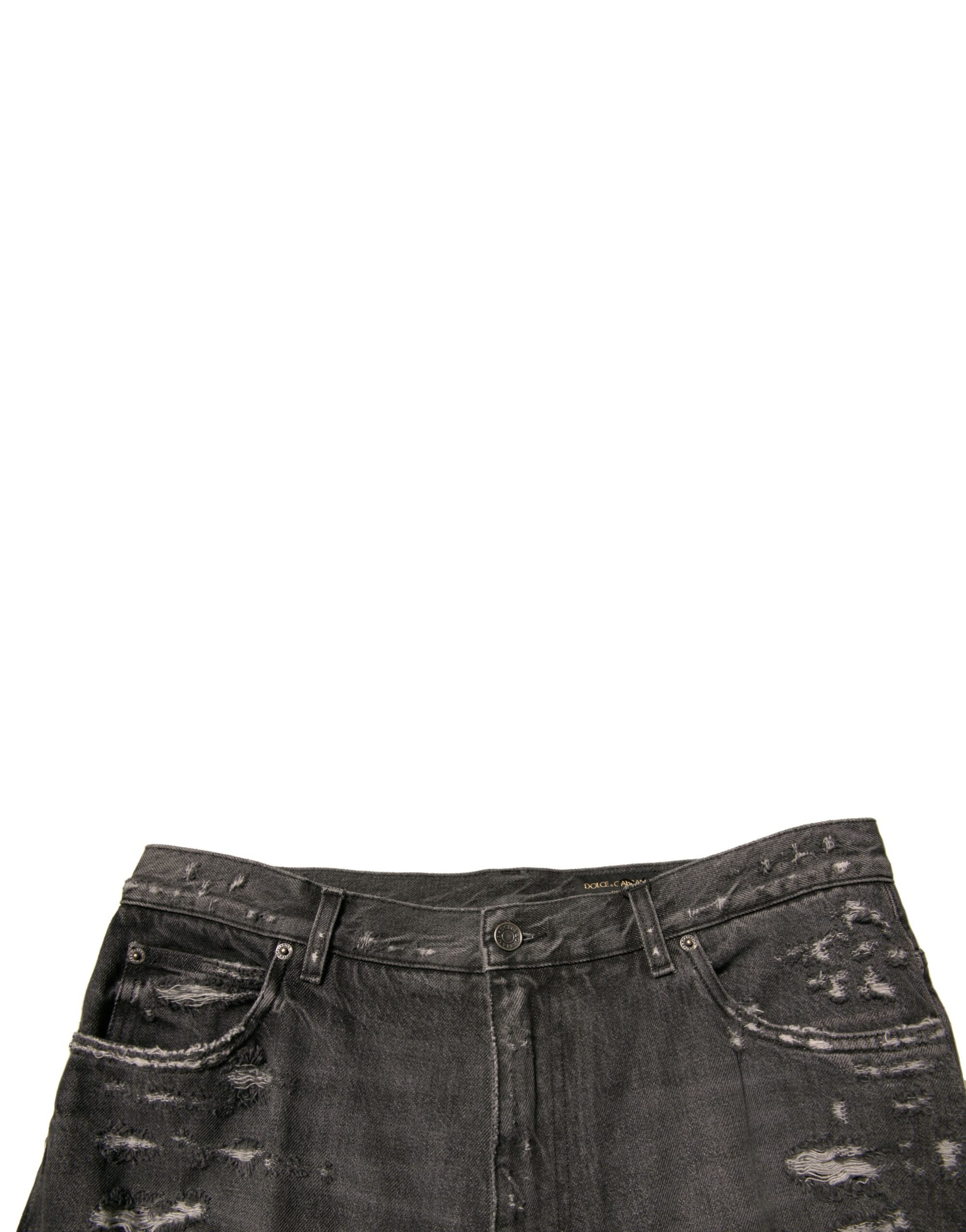 Pantalon en denim gris déchiré de coupe droite pour homme, Dolce & Gabbana, avec détails usés et style décontracté.