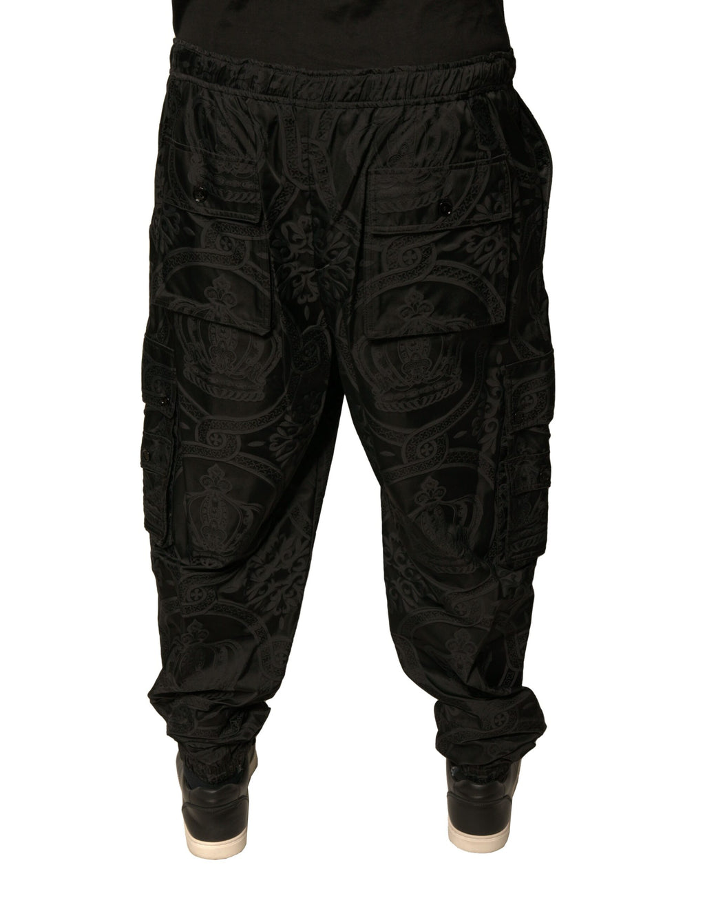 Pantalon de jogging noir Dolce & Gabbana en nylon avec motif couronne, style décontracté et moderne pour homme.
