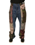 Jeans en denim droit Dolce & Gabbana à patchwork bleu, en coton, visible avec détails de couture colorée.
