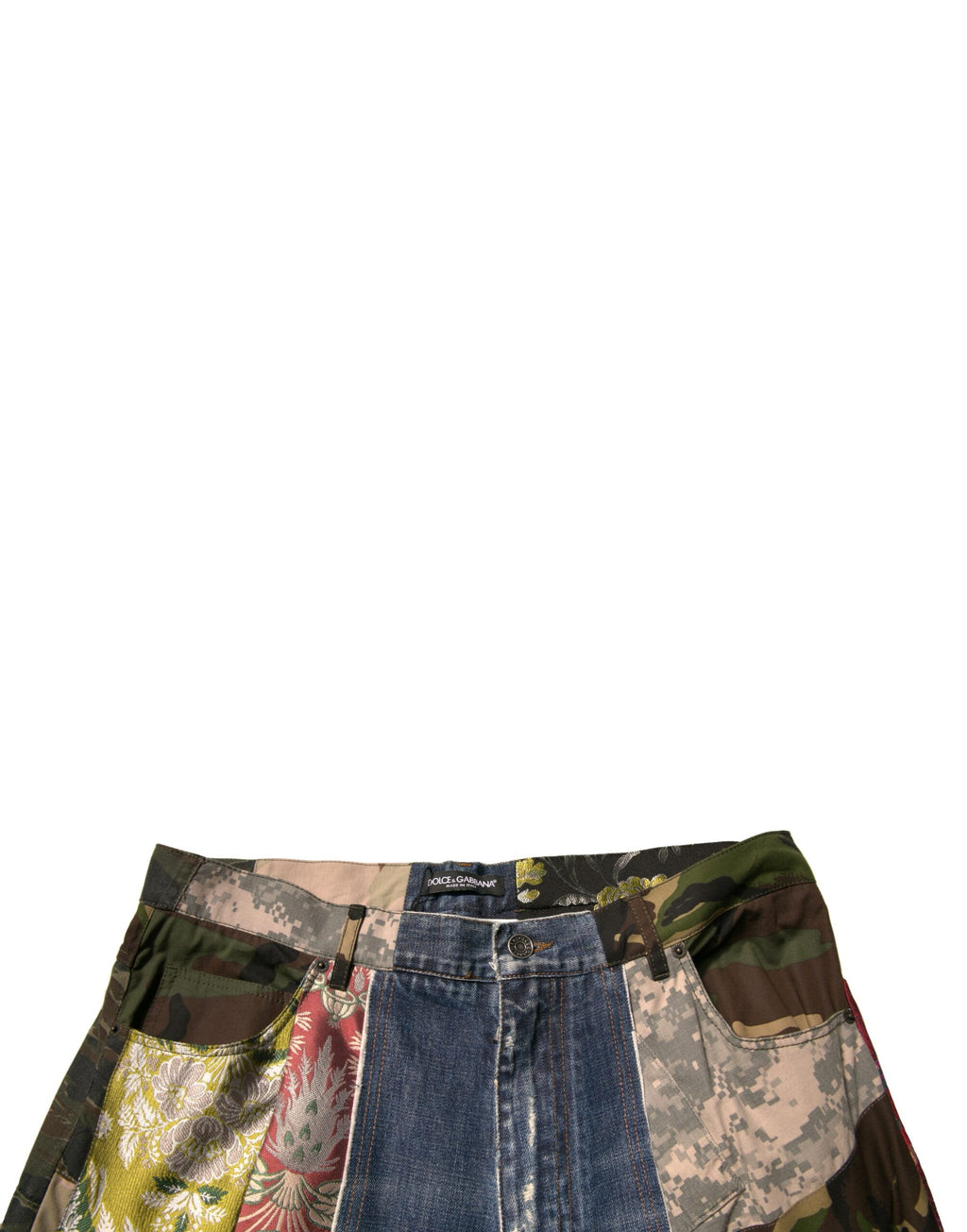 Jeans droits en denim en patchwork bleu Dolce & Gabbana en coton, style moderne et tendance, visible en détail.
