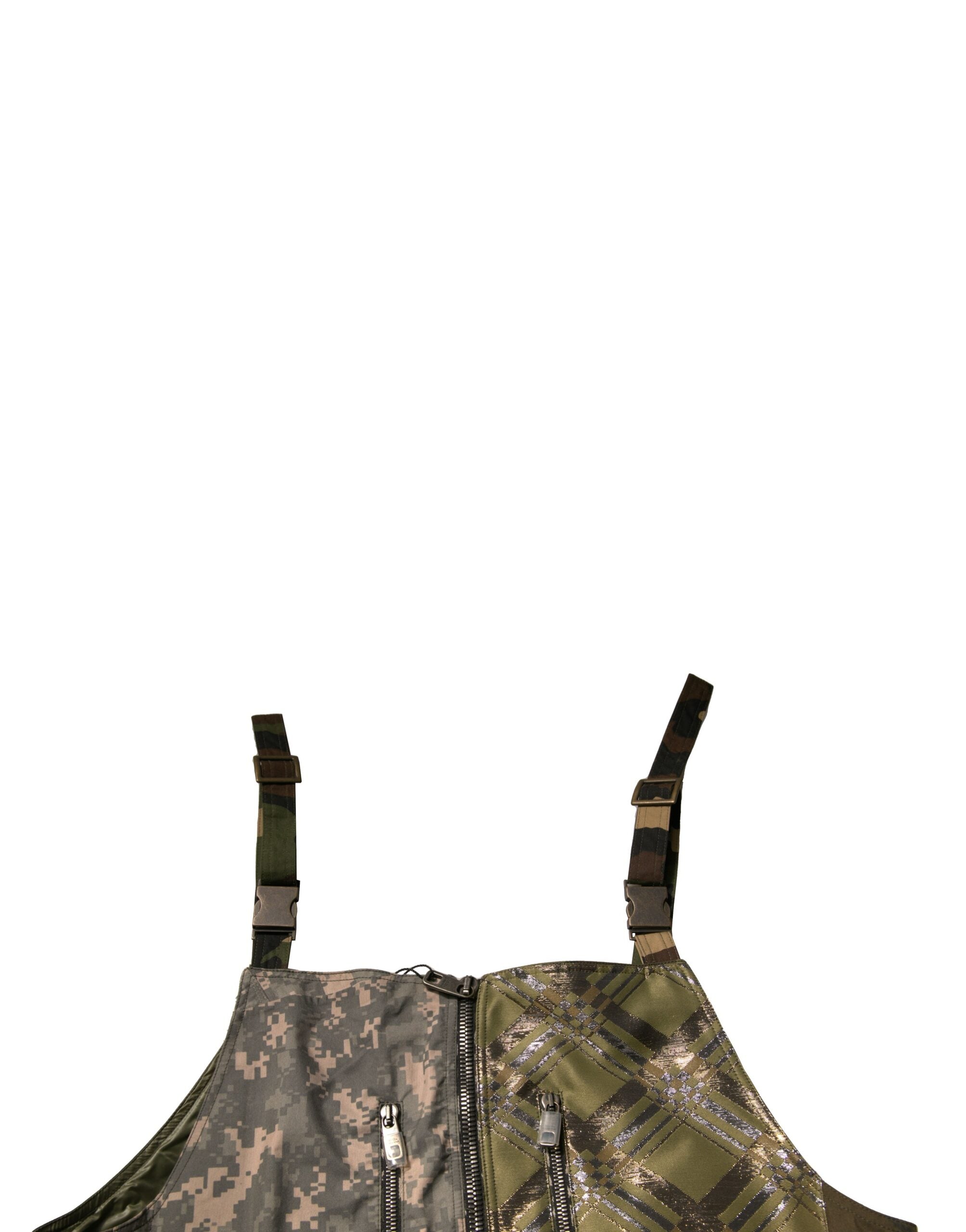 Pantalon overall multicolore Dolce & Gabbana avec patchwork camouflage, style décontracté et tendance.