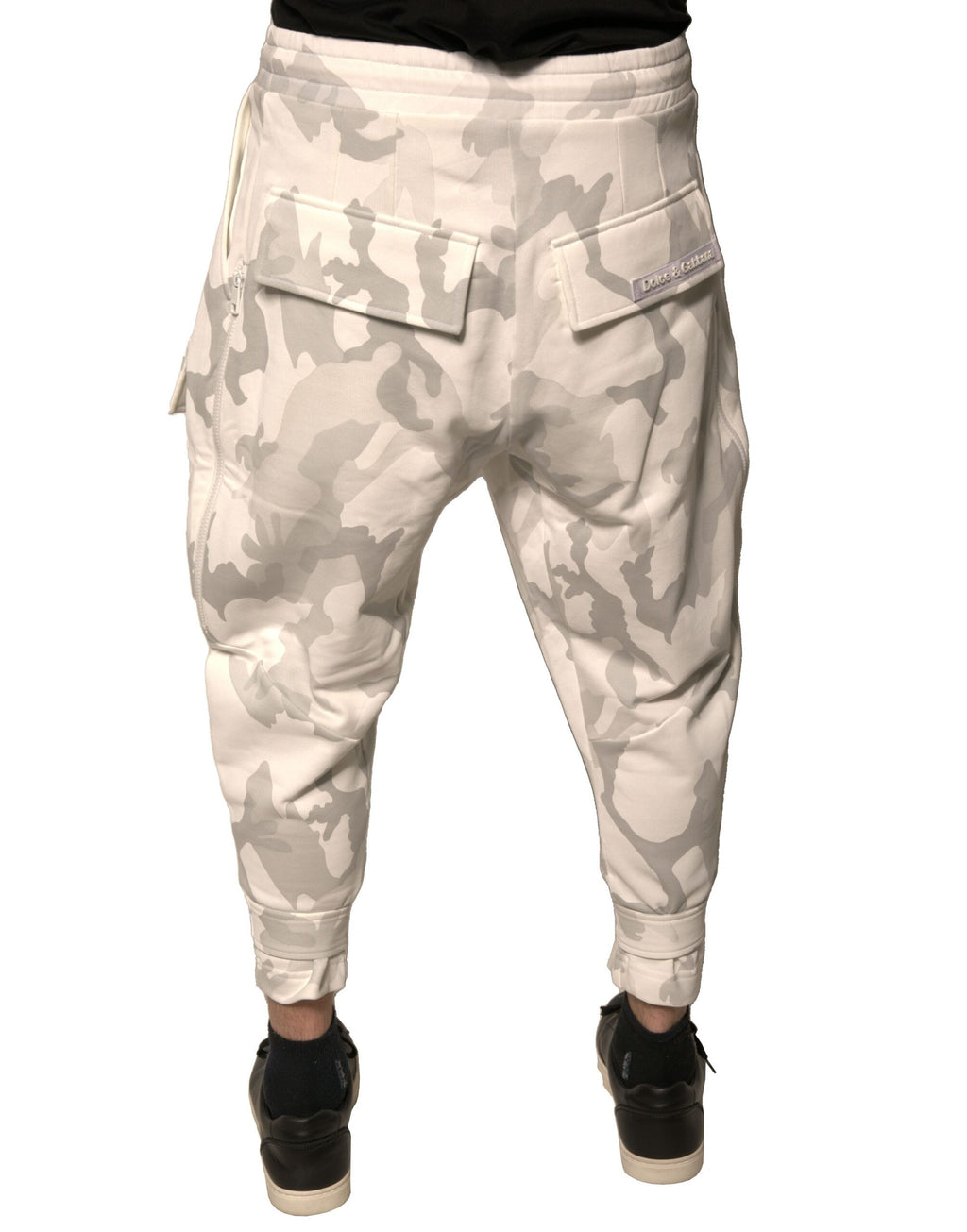 Pantalons cargo Dolce & Gabbana blanc camouflage, joggers décontractés avec poches et ceinture ajustable.