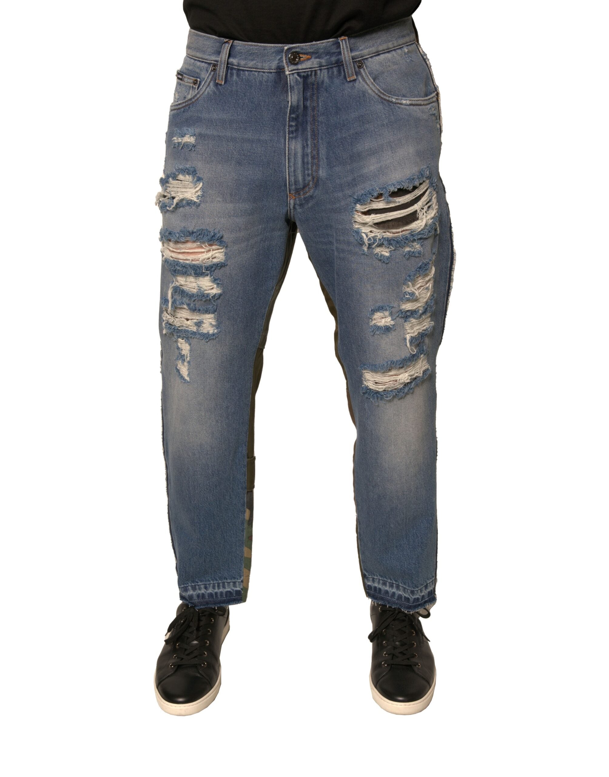 Jeans déchirés droits et cropped en denim bleu de Dolce & Gabbana, style décontracté et tendance.