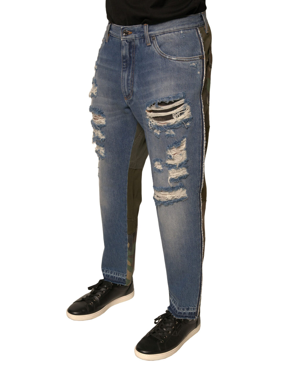 Jeans en jean déchirés et cropped bleu Dolce & Gabbana, coupe droite et tendance, visibles avec détails usés et déchirés.