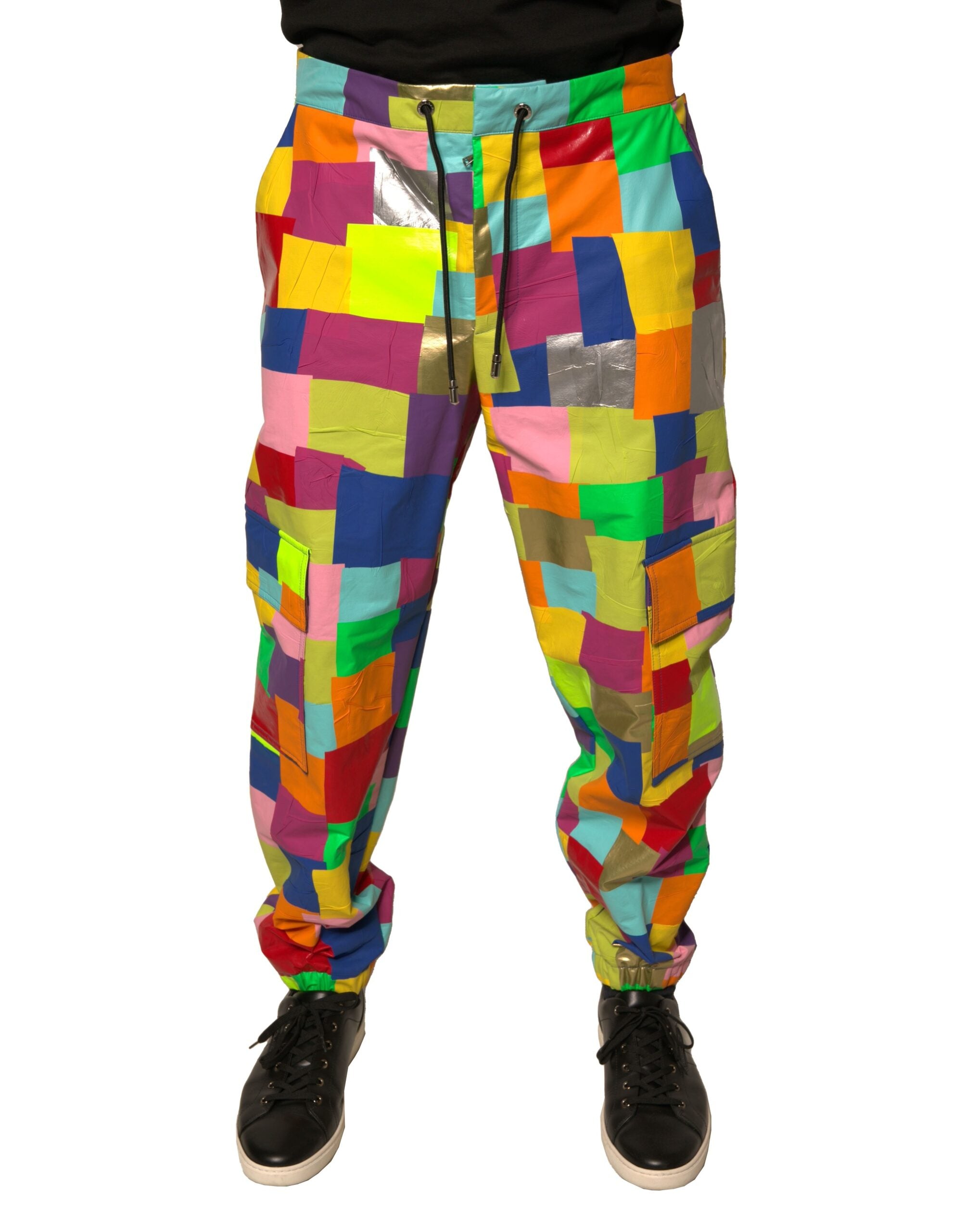 Pantalon cargo homme Dolce & Gabbana en coton patchwork multicolore, avec poches multiples et style décontracté.