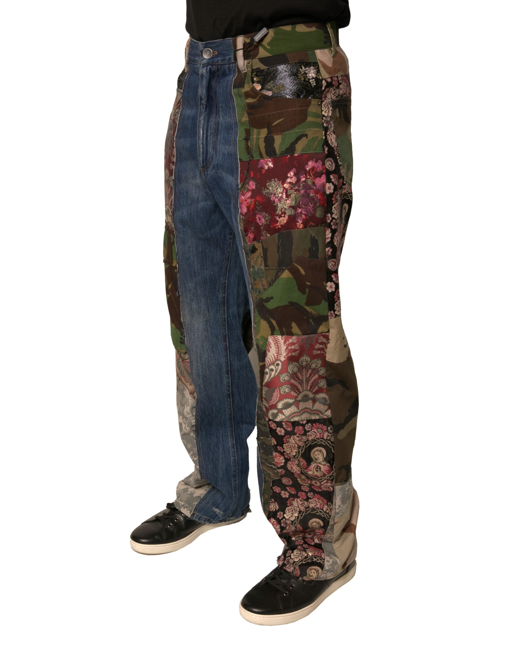 Jeans droits en denim en coton patchwork bleu de Dolce & Gabbana, style décontracté et tendance.