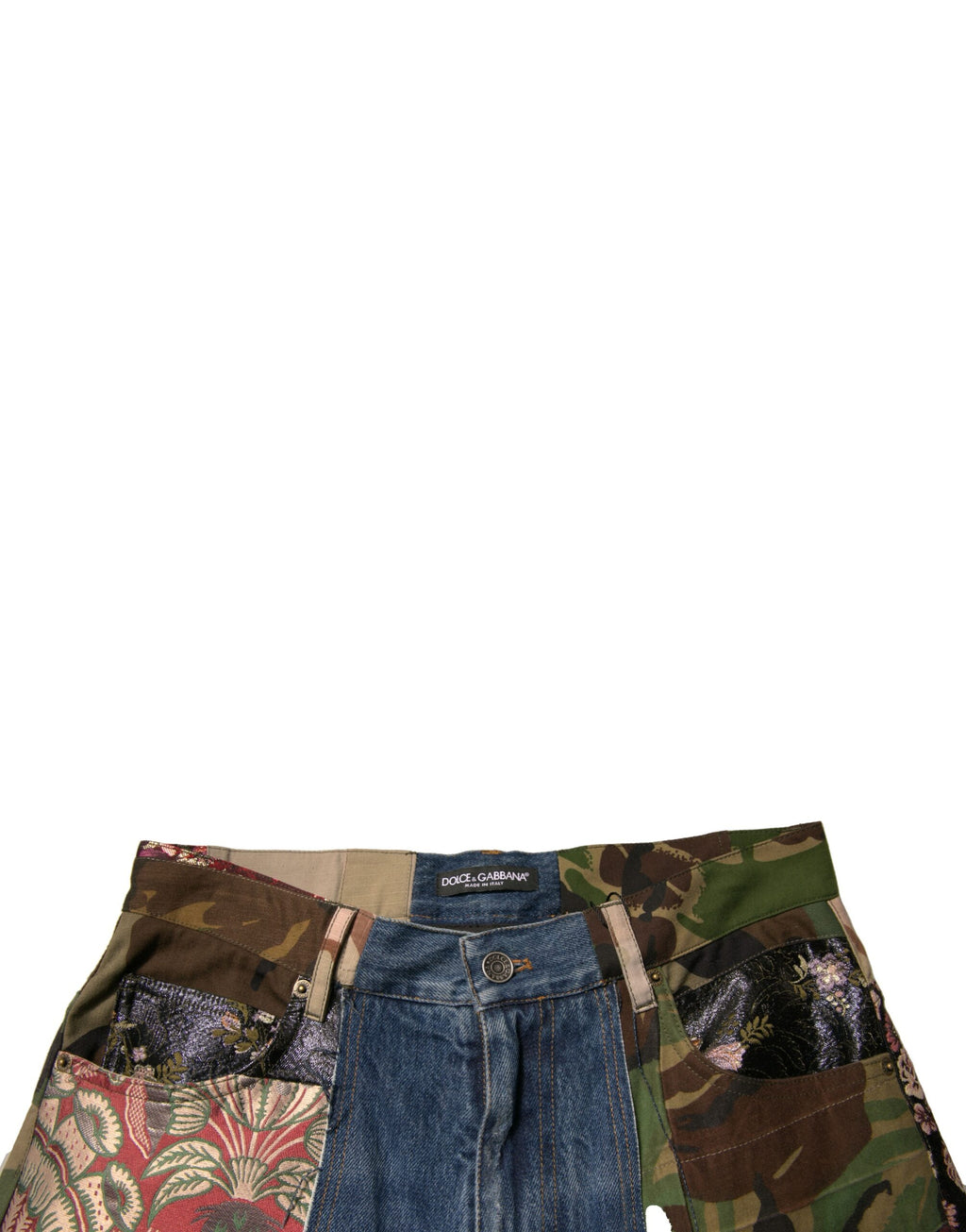 Jeans en denim droit Dolce & Gabbana en coton à patchwork bleu, visible avec détails de couture et texture du tissu.