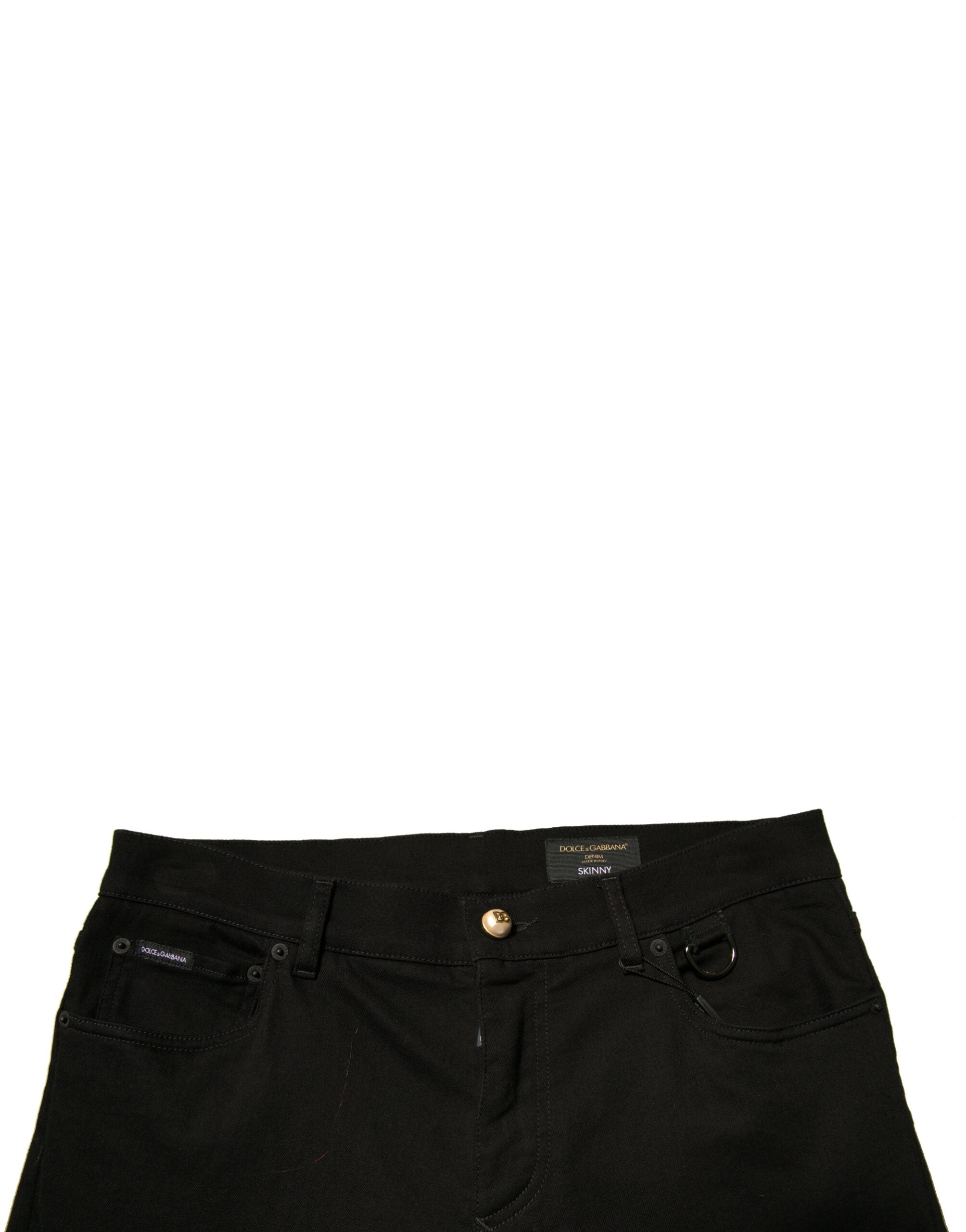 Jeans skinny en denim coton stretch noir Dolce & Gabbana avec logo visible, ajustés et modernes.