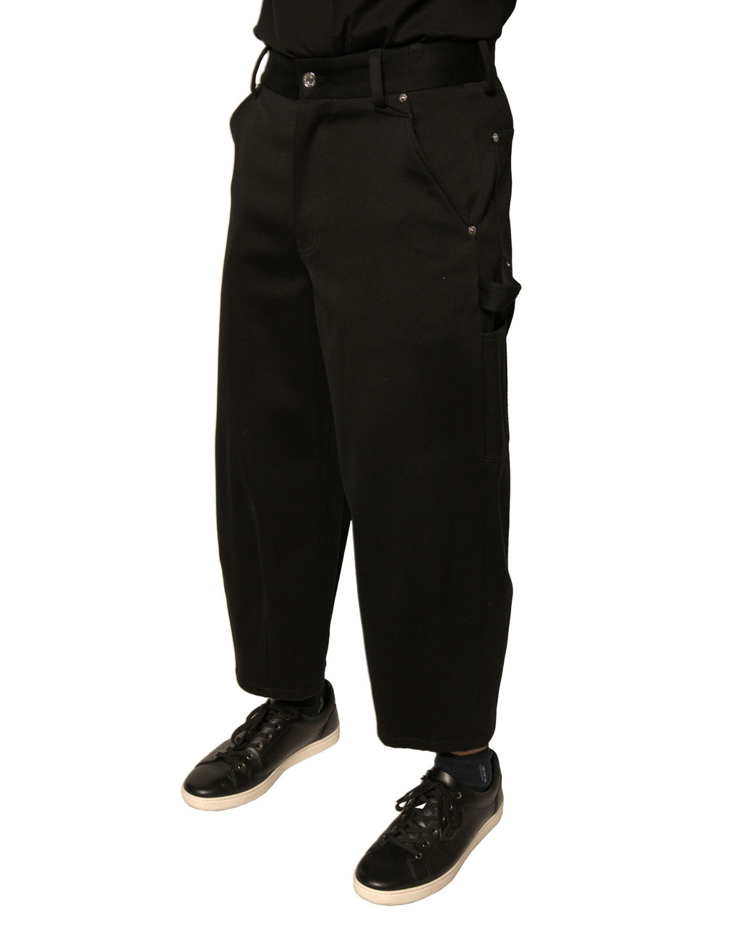 Pantalons noirs en coton Dolce & Gabbana, taille mi-haute, coupe crop, détails élégants et tissu confortable.