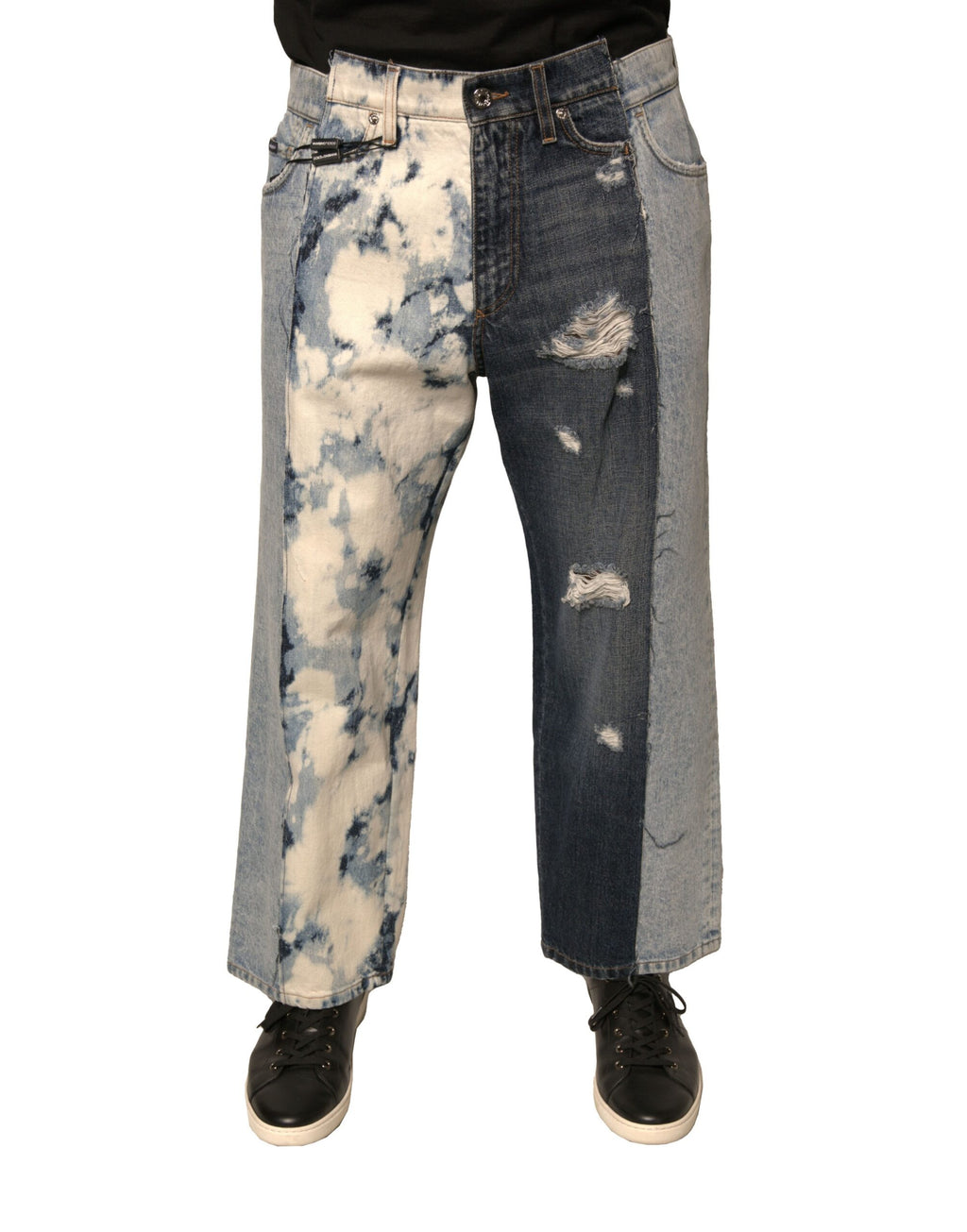 Jeans homme en coton à patchwork multicolore de Dolce & Gabbana, coupe droite, denim tendance et coloré.