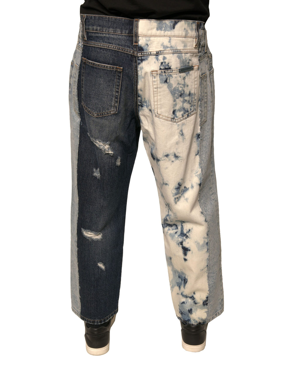 Jeans homme Dolce & Gabbana en coton à patchwork multicolore, coupe droite, style décontracté et tendance.