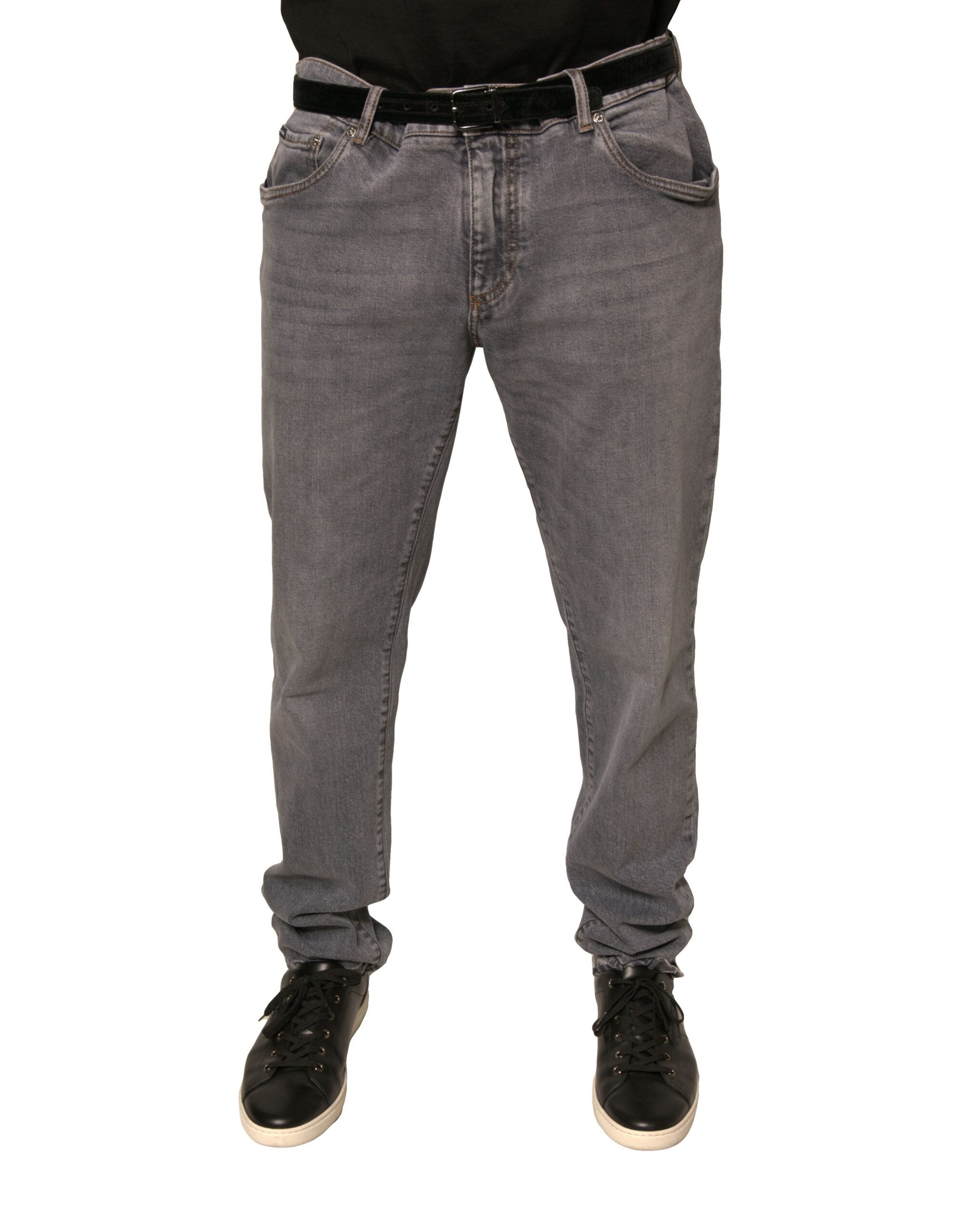 Jean skinny en coton stretch gris avec logo Dolce & Gabbana, denim, style moderne et ajusté, visible sur le produit.
